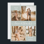 Cartão De Agradecimento Casamento de Colagem Verde Sage com Obrigados e Am<br><div class="desc">Elegante, moderno, minimalista sábio verde e branco escrito com roteiro 4 foto colagem personalizada cartões de agradecimentos de casamento. modelo de cartões de agradecimentos de casamento com quatro (4) fotos na frente e uma (1) foto no verso. Com o texto "Amor e obrigados" em um guião cursivo escrito à mão...</div>