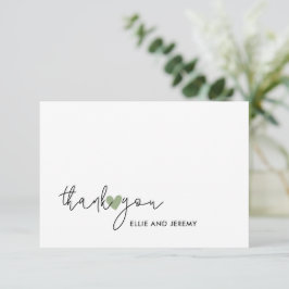 Cartão De Agradecimento Casamento de Coração Verde Sage, Script de Caligra