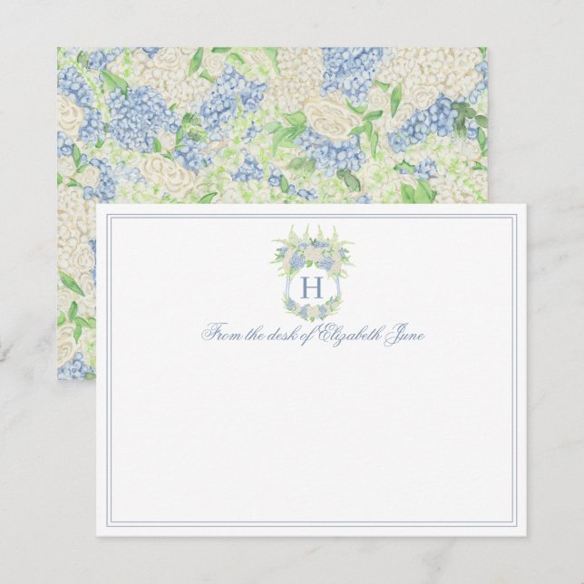 Cartão De Agradecimento Casamento de Crest de Hydrangea Azul e Branco (Frente/Verso)
