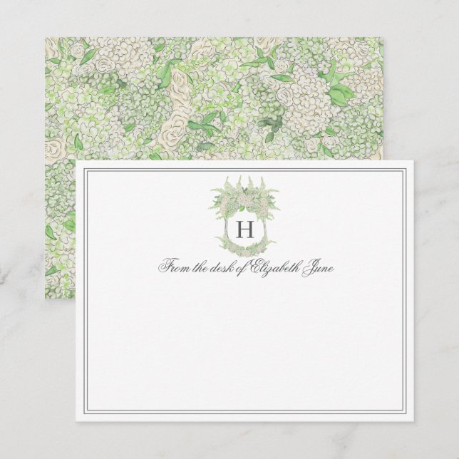 Cartão De Agradecimento Casamento de Crest de Hydrangea Verde e Branca (Frente/Verso)