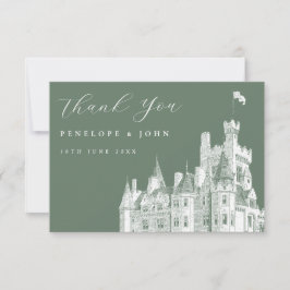 Cartão De Agradecimento Casamento de Destino em Castelo Vintage Verde Salv