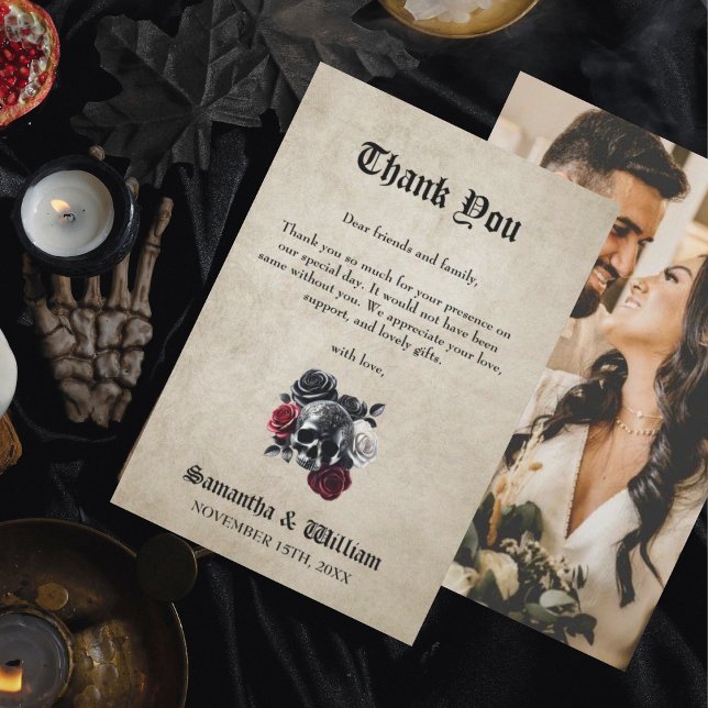 Cartão De Agradecimento Casamento de Dia das Bruxas Russas do Crânio Flora (Criador carregado)