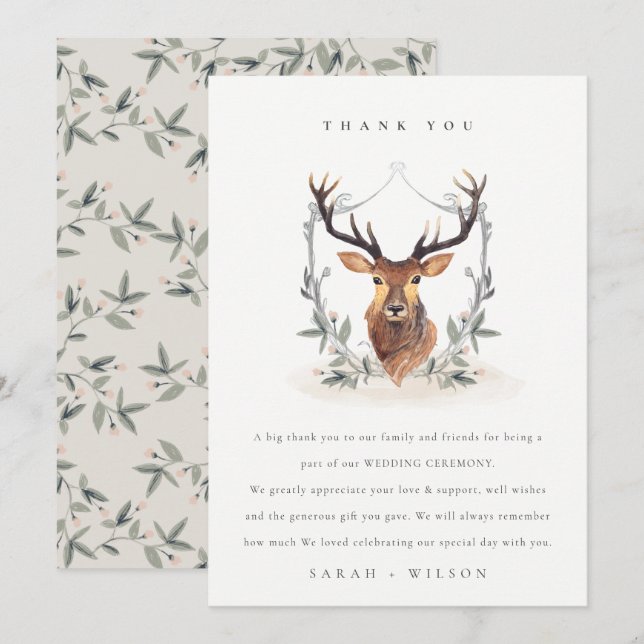 Cartão De Agradecimento Casamento de Dusky Deer Floral Crest (Frente/Verso)
