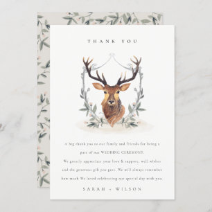 Cartão De Agradecimento Casamento de Dusky Deer Floral Crest