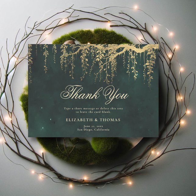 Cartão De Agradecimento Casamento de Emerald, Vinhas Mágicas Florestais En (wedding thank you card enchanted forest fairytale gold vines calligraphy)