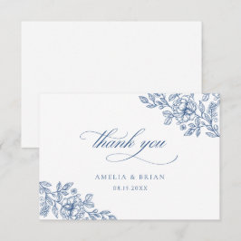 Cartão De Agradecimento Casamento de Escrita Azul Francês Floral, Elegante