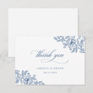 Cartão De Agradecimento Casamento de Escrita Azul Francês Floral, Elegante