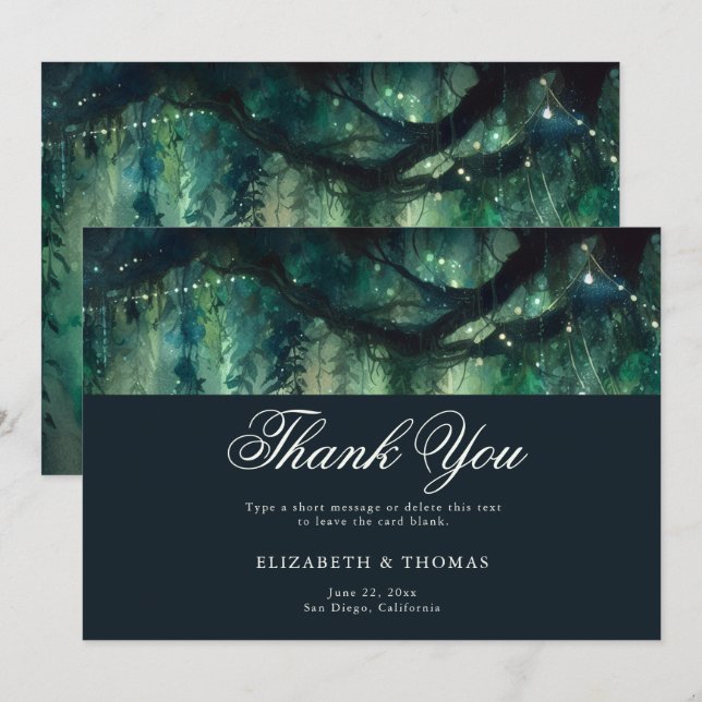 Cartão De Agradecimento Casamento de Esmeraldas e Jardim Magical Florestal (Frente/Verso)