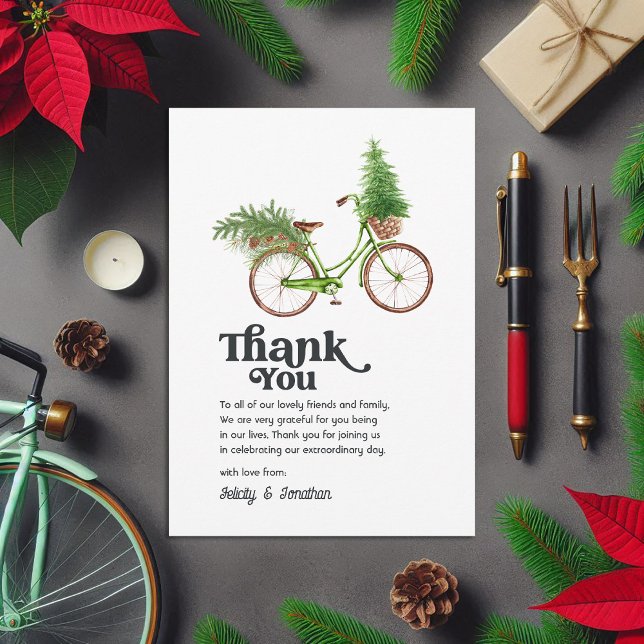 Cartão De Agradecimento Casamento de Feriado de Árvore de Natal em Bicicle (Retro Bicycle Christmas Tree Holiday Wedding Thank You Card)