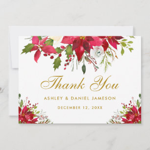 Cartão De Agradecimento Casamento de Feriados Poinsettia Floral Dourado