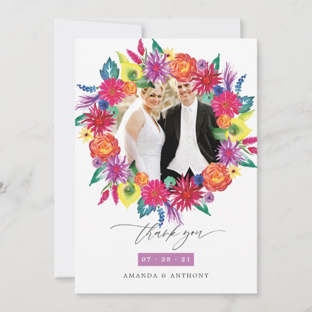 Cartão De Agradecimento Casamento de Festa Floral em Aquarela Foto (Frente)