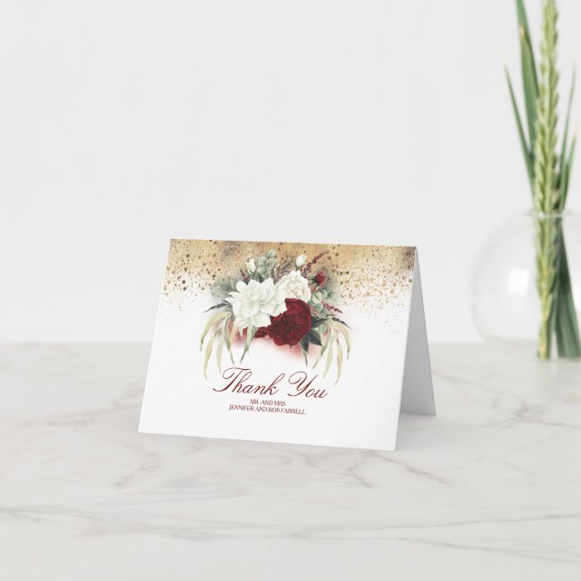 Cartão De Agradecimento Casamento de Flores Brancas Vermelhas e Brilhantes (Frente)