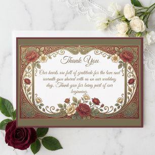 Cartão De Agradecimento Casamento de Flores Burgundy Douradas Art Nouveau