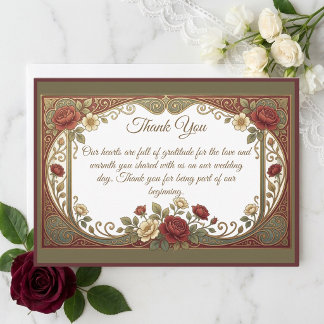 Cartão De Agradecimento Casamento de Flores Burgundy Douradas Art Nouveau 
