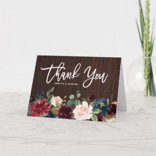 Cartão De Agradecimento Casamento de Flores de Outono Burgundy de Madeira