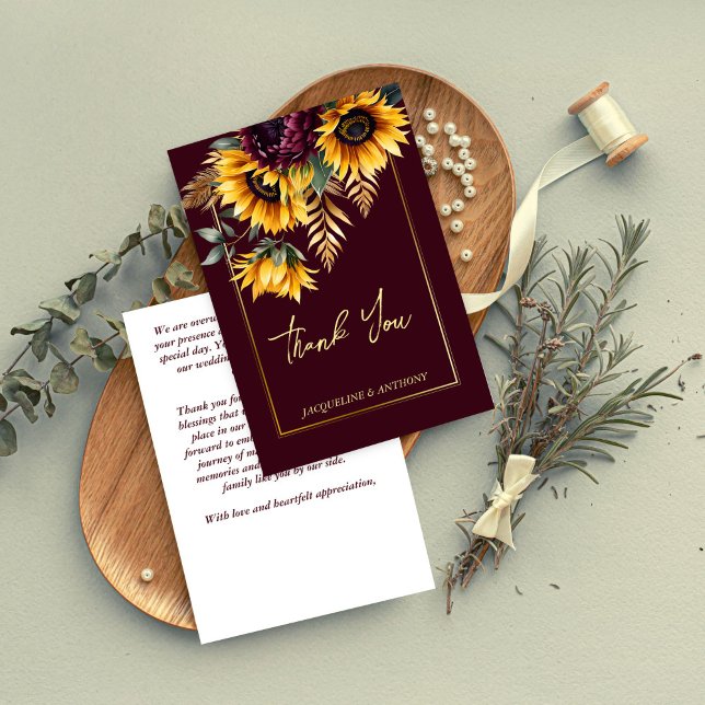 Cartão De Agradecimento Casamento de flores ensolaradas do verão inteiro (Fall summer burgundy sunflowers wedding thank you card rustic boho wedding thank you cards)