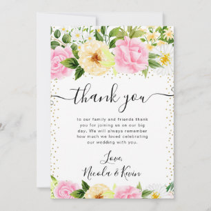 Cartão De Agradecimento Casamento de Flores Rosa e Amarelo Aquarela