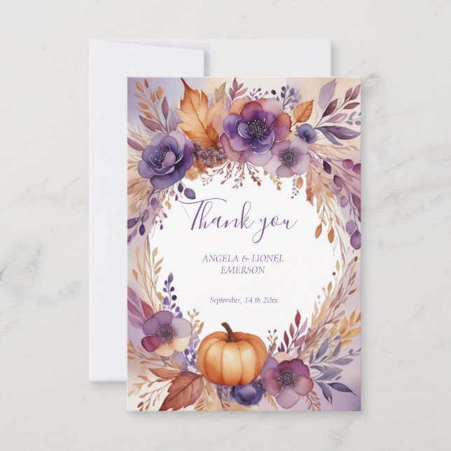 Cartão De Agradecimento Casamento de Flores Roxas Elegantes (Frente)
