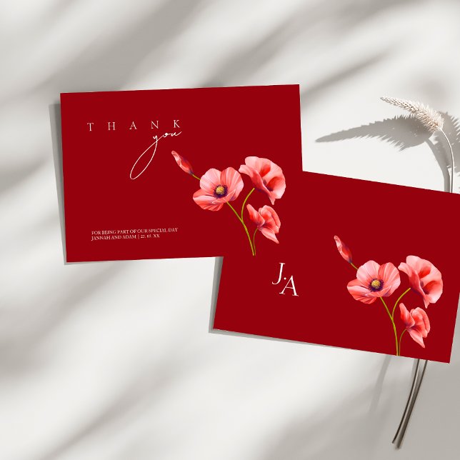 Cartão De Agradecimento Casamento de Flores Selvagens de Crimson Red Poppi (Crimson Red Poppies Wildflowers Wedding Thank You Card)