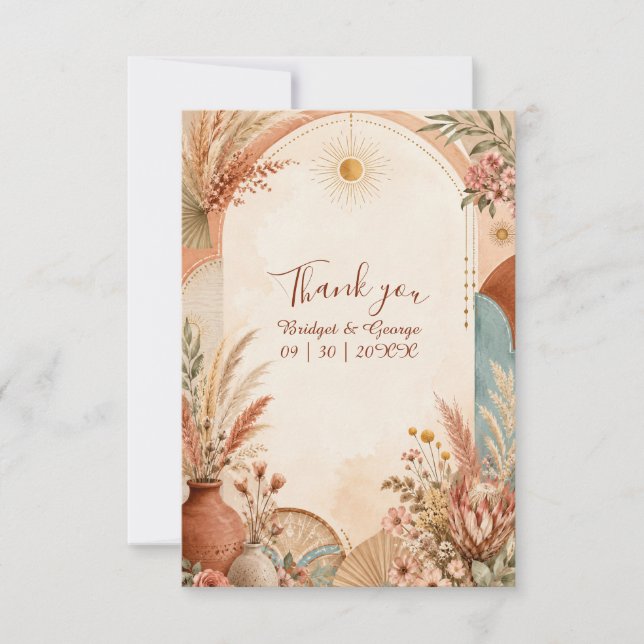 Cartão De Agradecimento Casamento de flores silvestres Boho Rústico Pampas (Frente)