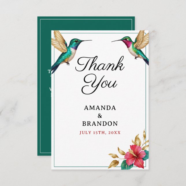 Cartão De Agradecimento Casamento de Flores Tropicais Vermelhas de Aves Hu (Frente/Verso)