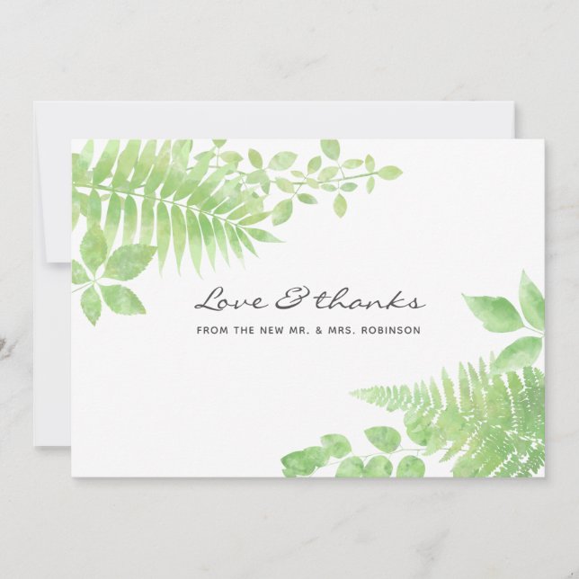 Cartão De Agradecimento Casamento de Folhagem de Watercolor Greenery (Frente)