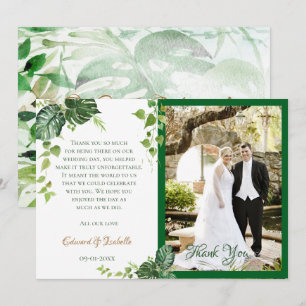 Cartão De Agradecimento Casamento de Folhas de Monstera Aquarela Verde Tro