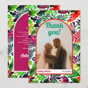 Cartão De Agradecimento Casamento de folhas tropicais coloridas maximalist