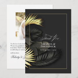 Cartão De Agradecimento Casamento de Folhas Tropicais Preto e Dourado Eleg