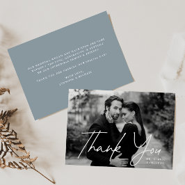 Cartão De Agradecimento Casamento de Foto Azul Dusty Script Casual