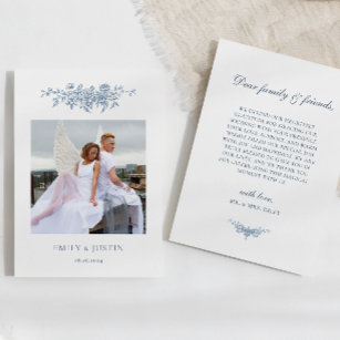 Cartão De Agradecimento Casamento de Foto Azul Floral Elegante Vintage