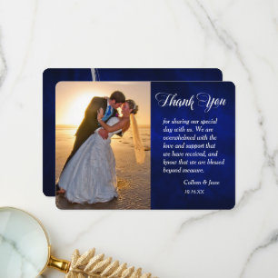 Cartão De Agradecimento Casamento de Foto Azul Silver Leaf Swirl Obrigado