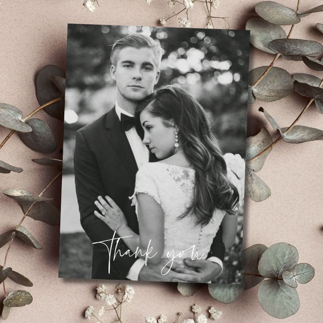 Cartão De Agradecimento Casamento de Foto Branca Moderna - Obrigado Cartõe (Modern Black White Photo Wedding Thank You Cards)