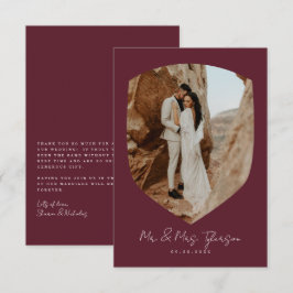 Cartão De Agradecimento Casamento de Foto Burgundy Manuscrita Elegante  