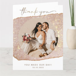 Cartão De Agradecimento Casamento de Foto com Brilho de Dourado Moderno