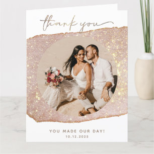 Cartão De Agradecimento Casamento de Foto com Brilho de Dourado Moderno