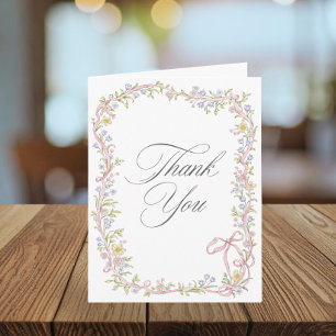 Cartão De Agradecimento Casamento de Foto com Laço Floral Pastel Vitoriano