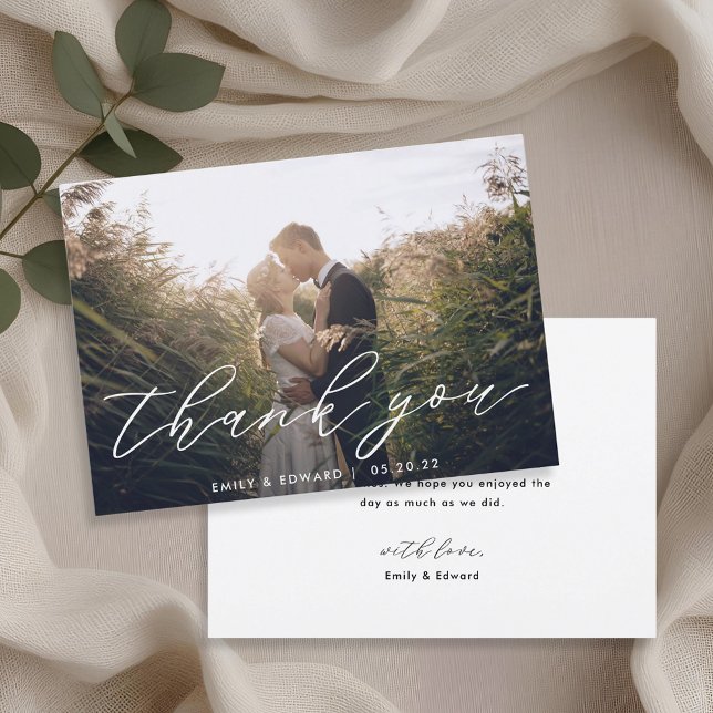 Cartão De Agradecimento Casamento de Foto com Letra à Mão Rústico Elegante (Criador carregado)