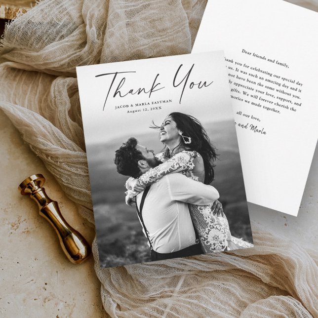 Cartão De Agradecimento Casamento de Foto com Roteiro Moderno (Criador carregado)