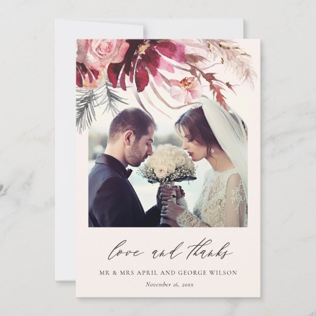 Cartão De Agradecimento Casamento de Foto de Grass Pampas Floral Rosa Burg (Frente)