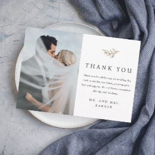 Cartão De Agradecimento Casamento de Foto de Ramificação Dourada Simples