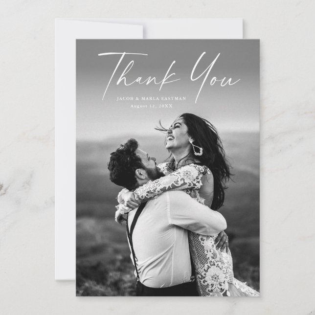 Cartão De Agradecimento Casamento de Foto de Script Moderno (Frente)