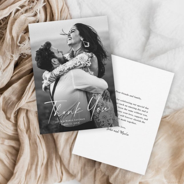 Cartão De Agradecimento Casamento de Foto de Script Moderno (Criador carregado)