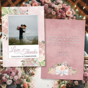 Cartão De Agradecimento Casamento de Foto e Nota Floral Boho, Cor de Água