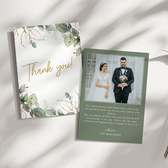 Cartão De Agradecimento Casamento de Foto Elegante Eucalyptus Greenery (Criador carregado)