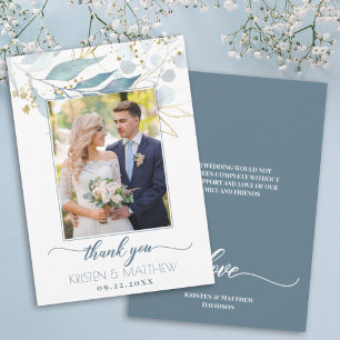 Cartão De Agradecimento Casamento de Foto Elegante Floral Azul Watercolor