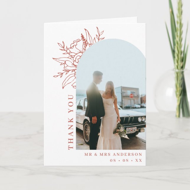 Cartão De Agradecimento Casamento de Foto em Arco Floral de Terracotta Sim (Frente)