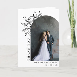Cartão De Agradecimento Casamento de Foto em Arco Floral Preto e Branco Do