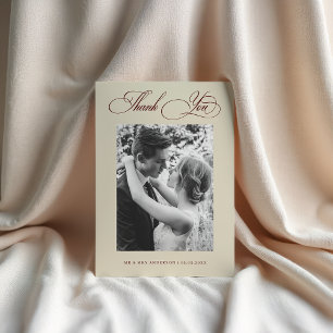 Cartão De Agradecimento Casamento de Foto em Marfim e Borgonha Estilo Vint