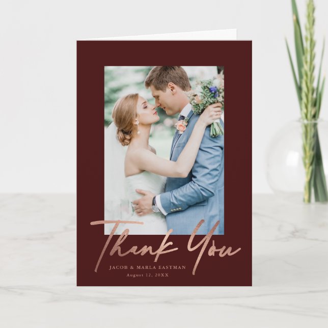 Cartão De Agradecimento Casamento de Foto em Script Dourado Rosa (Frente)